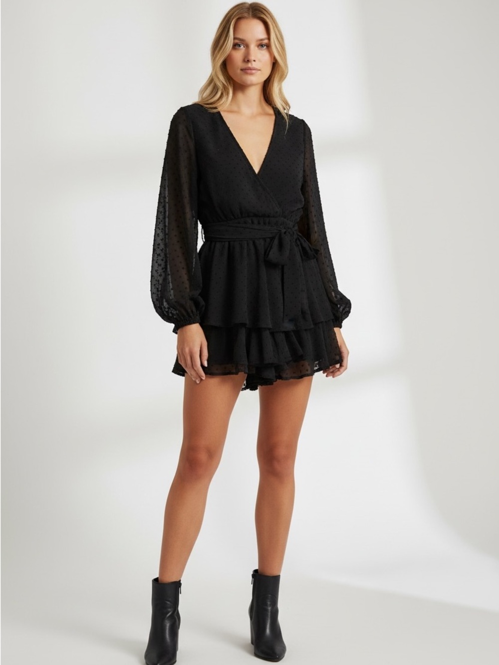 entro Black Long-Sleeve Wrap Romper with Tie Waist